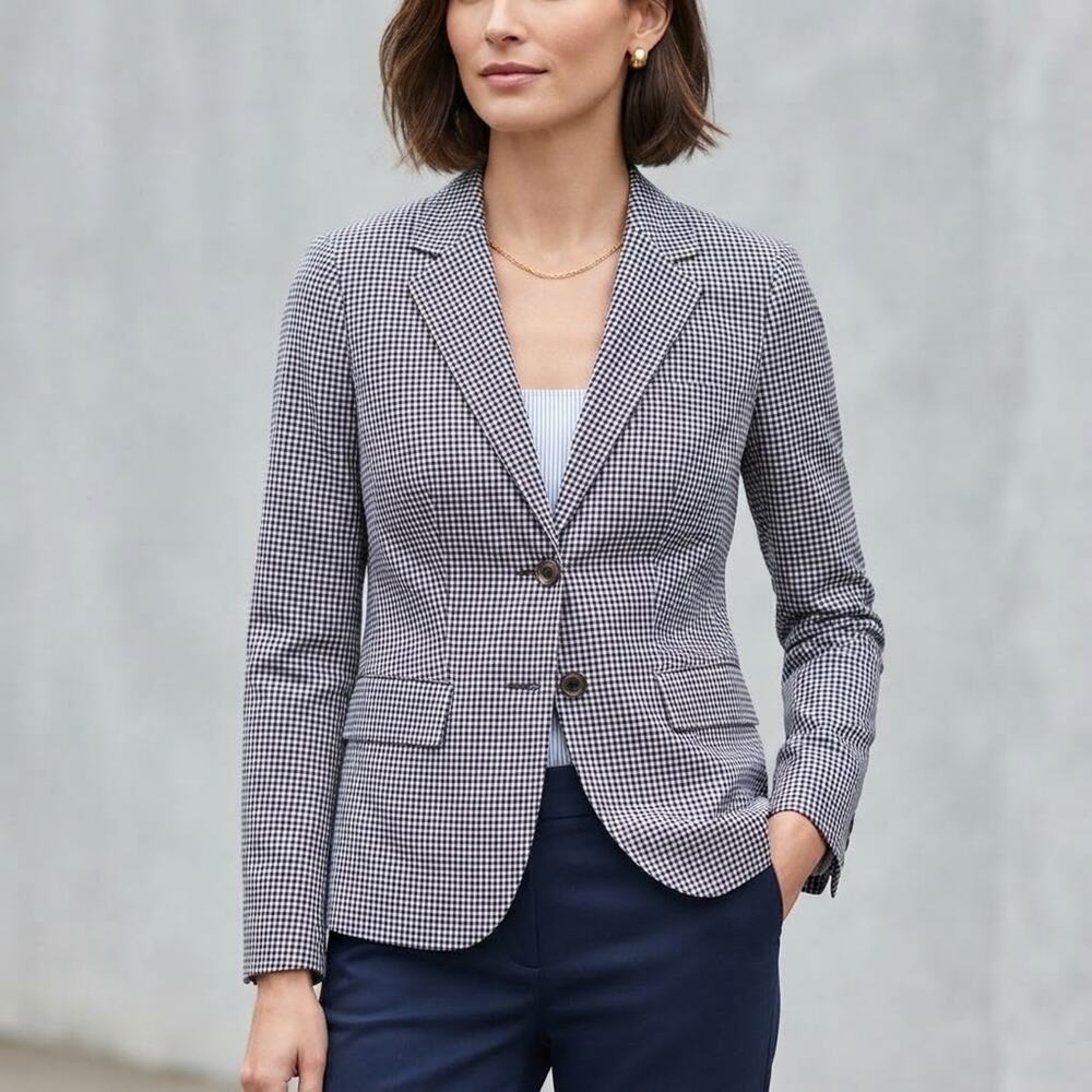 NEW J.Crew Rhodes Blazer Womens 14 Navy Micro Gingham Plaid Preppy Cotton Career
